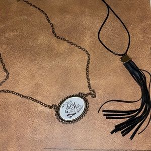 Plunder shine on, Matthew 5:16, and leather-tassel necklace.